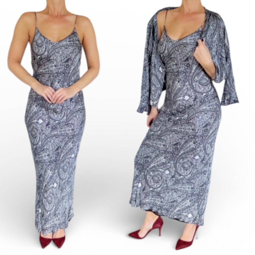 Vintage Lapis silver gray satin spaghetti strap maxi dress cardigan set medium